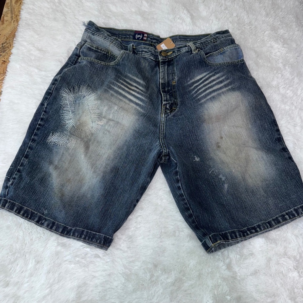 Phat Farm Mens Blue Denim Distressed Cargo Shorts Size 38‎